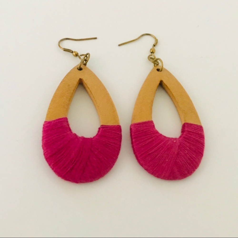 Wooden Teardrop Thread Wrapped Earrings Handmade